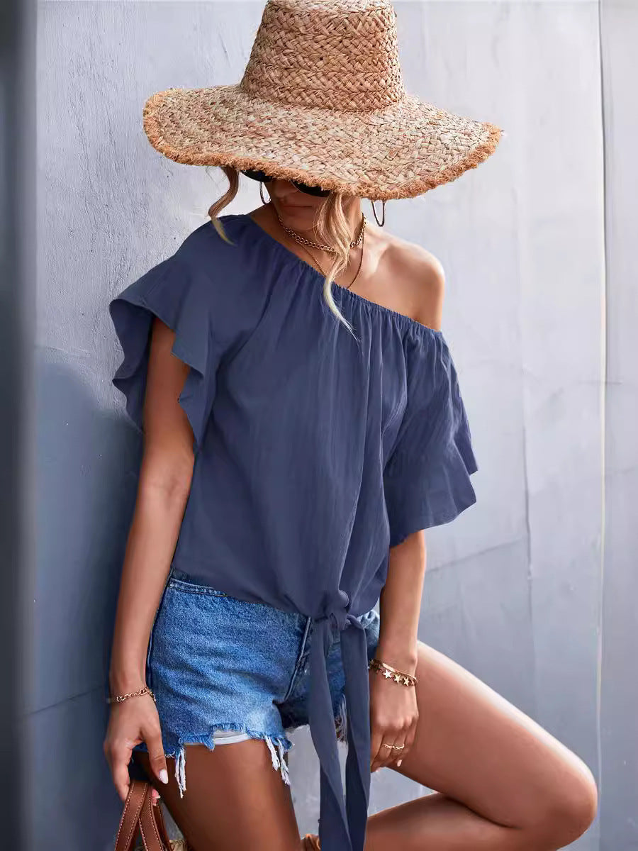 Ruffled Lace-up Round Neck Two-way Top