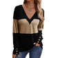 Color Block Stitching Fastener Decoration Casual V-neck Top