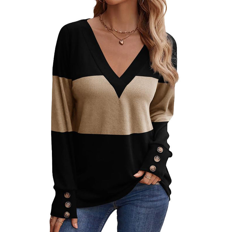 Color Block Stitching Fastener Decoration Casual V-neck Top