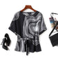 Retro Abstract Print Waist Trimming Loose Women's Short-sleeved Chiffon Shirt
