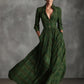 Retro V-neck Gray Plaid Linen Flared Maxi Skirt