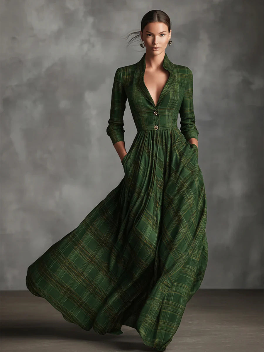 Retro V-neck Gray Plaid Linen Flared Maxi Skirt
