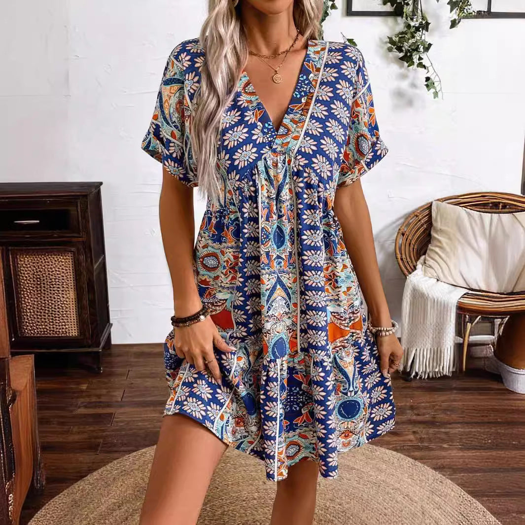 V-neck High Waist Batwing Sleeve Holiday Dress
