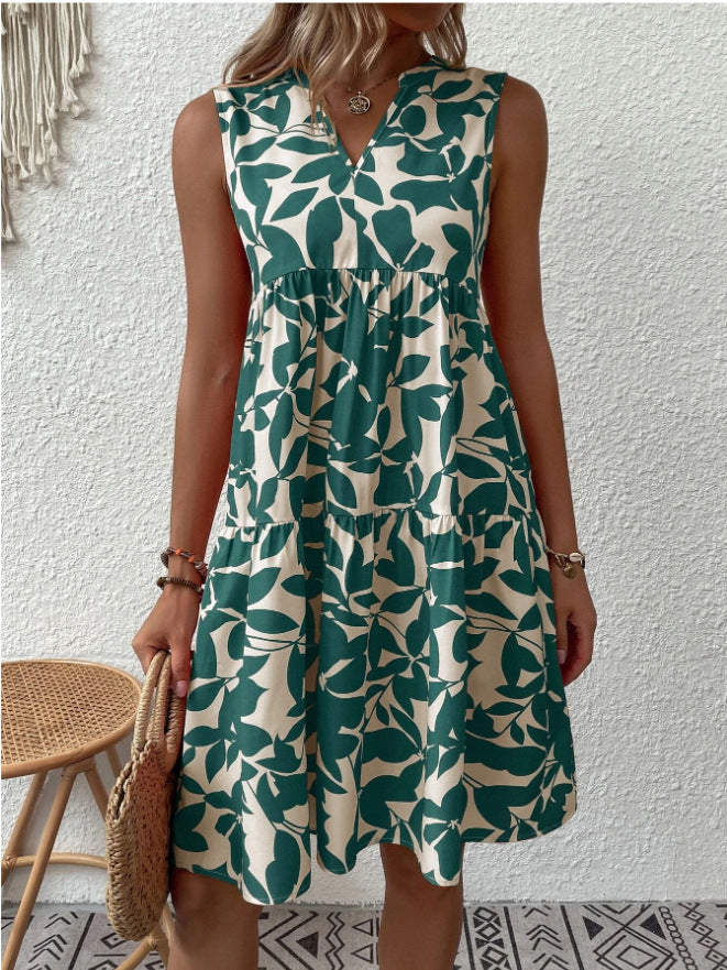 Robe bohème d'été à imprimé plissé et col en V, sans manches, pour femme