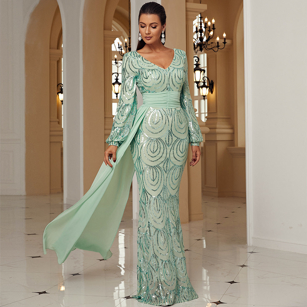 Robe de soirée sexy à manches longues et col en V avec paillettes