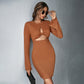 New Hollow Short Skirt Waffle Bell Sleeve Sheath Long Sleeve Dress