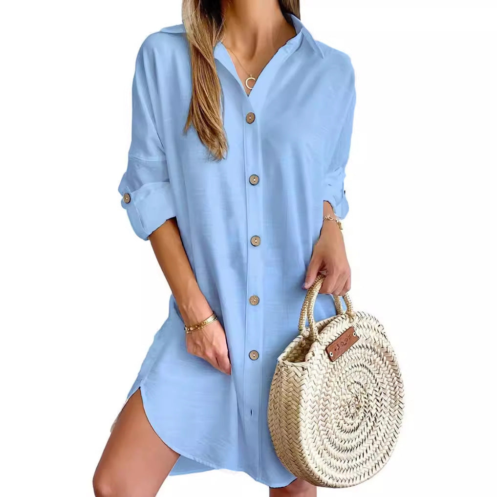 Robe chemise boutonnée à manches longues et revers pour femme, vêtement d'automne décontracté