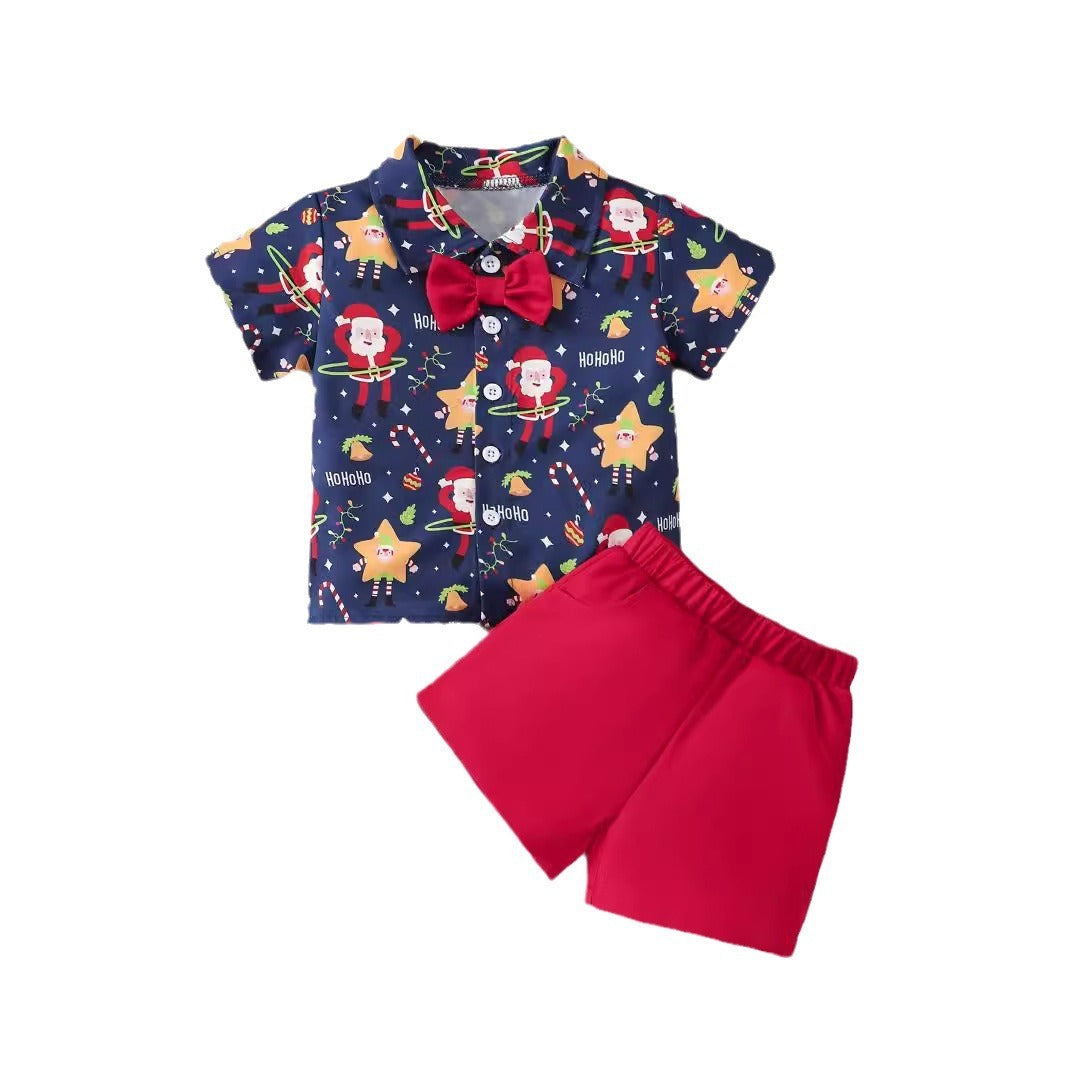 Ensemble deux pièces pour garçon, petit et moyen, avec chemise à manches courtes et short imprimés de Noël