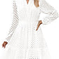 V-neck Hollow Eyelet Embroidered Cotton Long Sleeve Dress