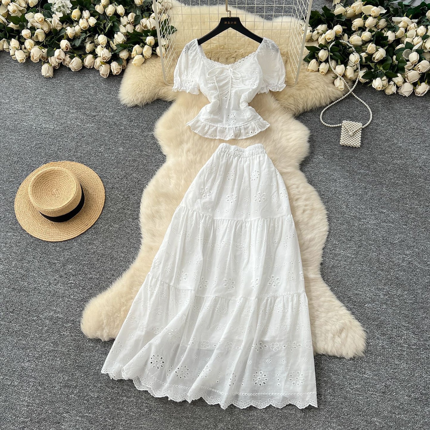 Womens Solid-Color, Defined-Waist, Square-Neck Puff-Sleeve Shirt And Skirt Set