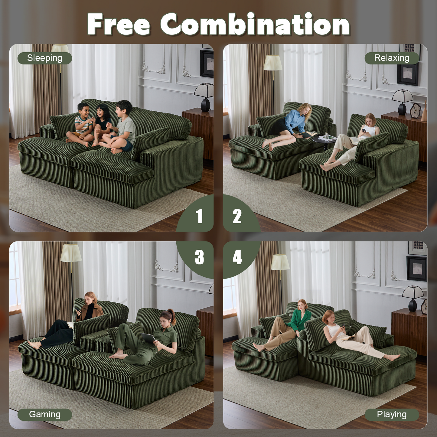 Double Chaise Lounge Chair Indoor,Oversized Upholstered Sleeper Cloud Couch,Deep Seat Luxury Sofa Bed,Sectional Sofa Chaise Love-seat,Corduroy Reading Chair For Living Room,No Assembly Required,Green