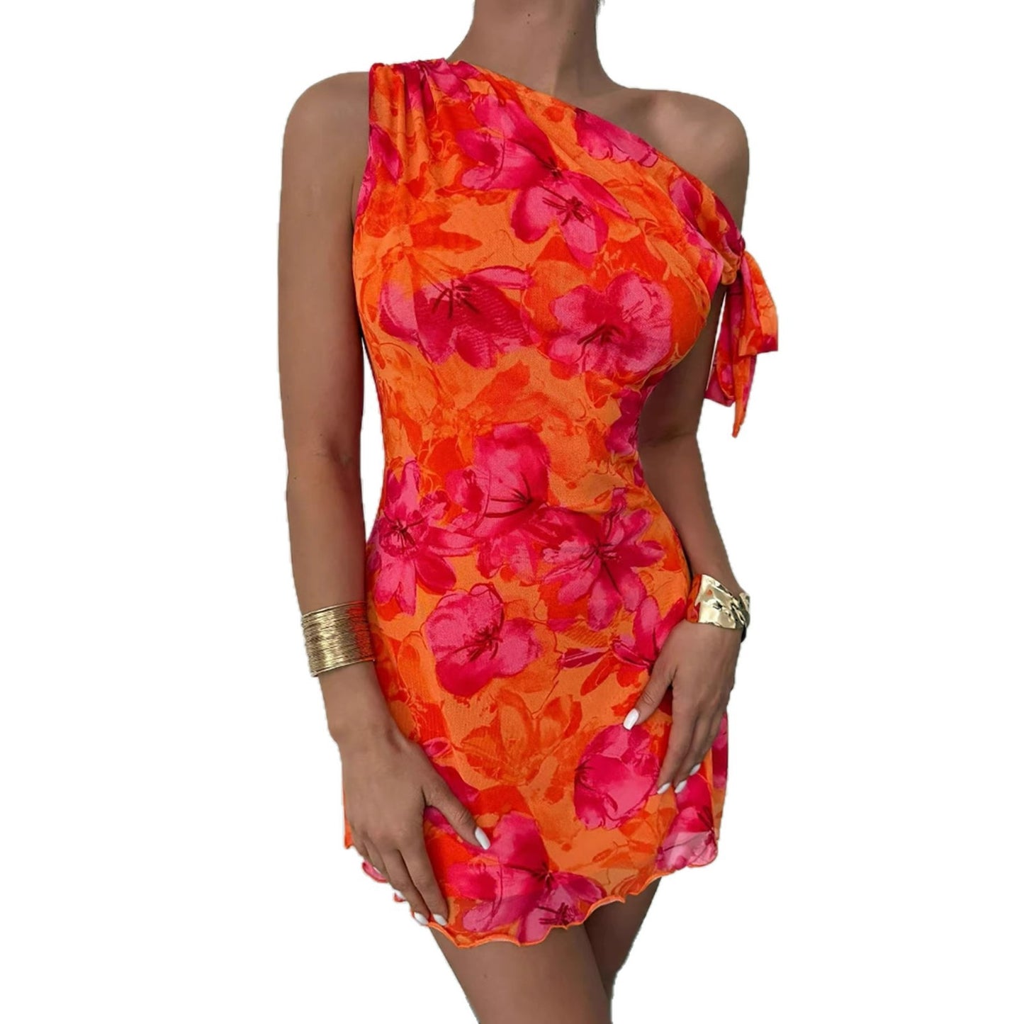 Printed Womens Sexy Cinched Waist Short Dress