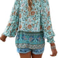 Bohemian Vacation Style Printed V-neck Lace-up Long Sleeve Top
