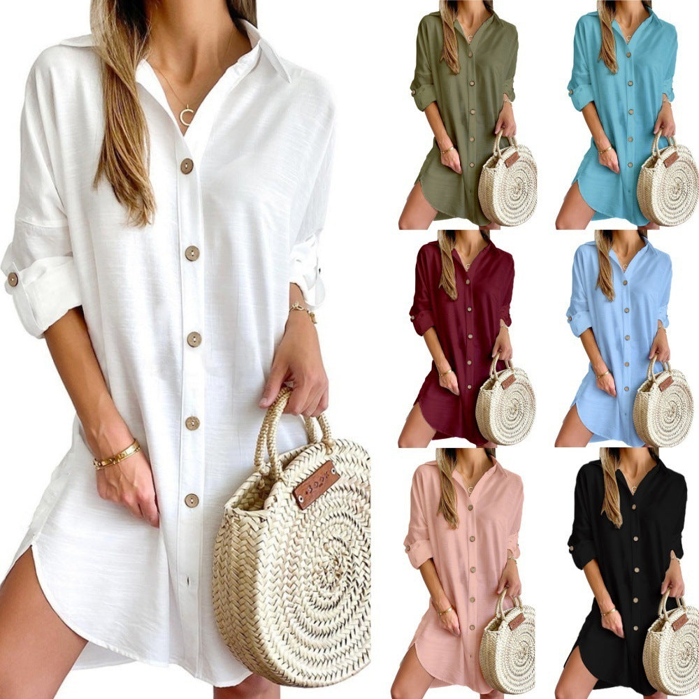 Robe chemise boutonnée à manches longues et revers pour femme, vêtement d'automne décontracté