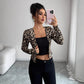 Leopard Print Contrast Color Cardigan T-shirt Long-sleeved Women Blouse