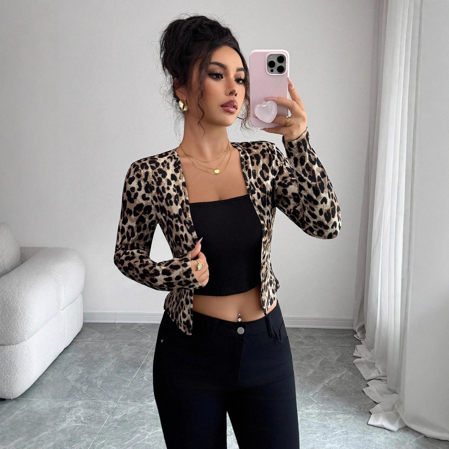 Leopard Print Contrast Color Cardigan T-shirt Long-sleeved Women Blouse