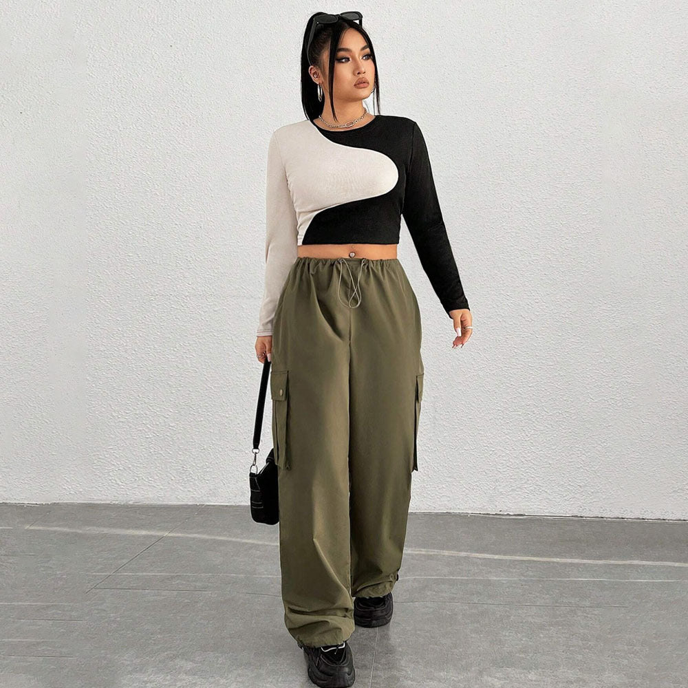 Slim Fit Midriff-baring Slimming Patchwork Round Neck Long Sleeve