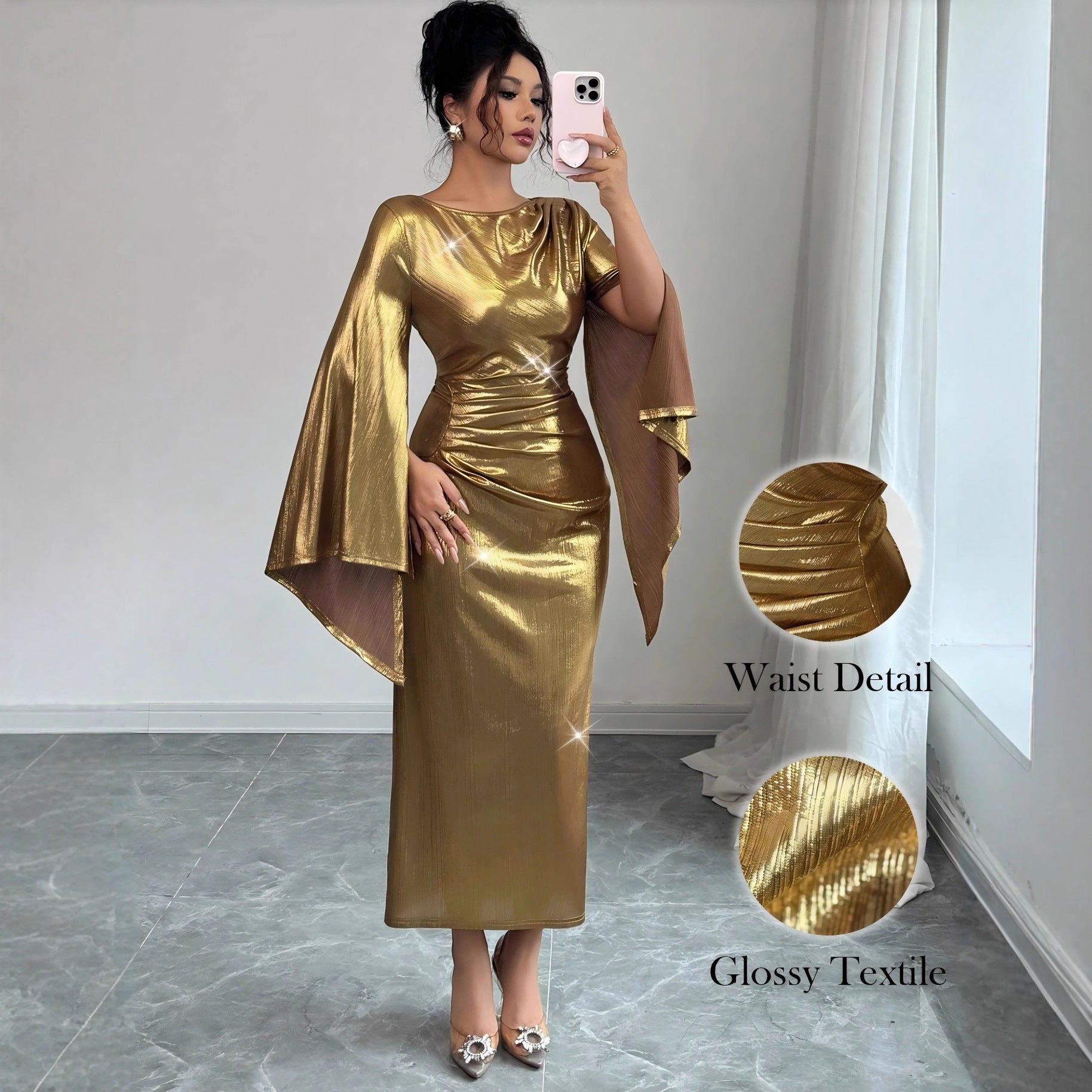American-style Gold Foil Round Neck Slim-fit Long Dress