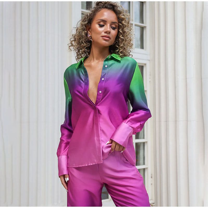 Loose Printed Long Sleeve Shirt Casual Fashion Two-piece Suit