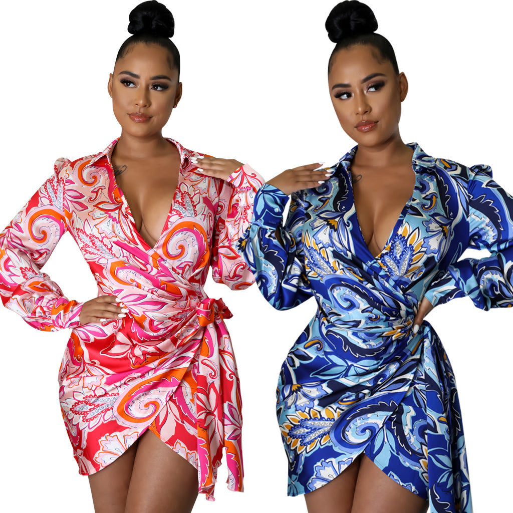 Digital Printed V-neck Women's Slim Fit Dress