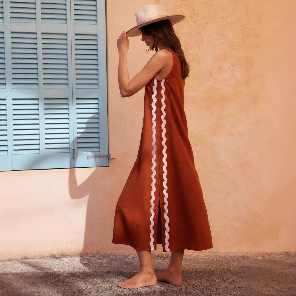 Robe décontractée sans manches, col rond, couleur unie, coutures en dentelle fendue