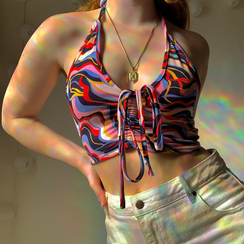 Halter Vest Women's Irregular Corrugated Printing Chest Pleated Bottoming Top Wrapped Chest