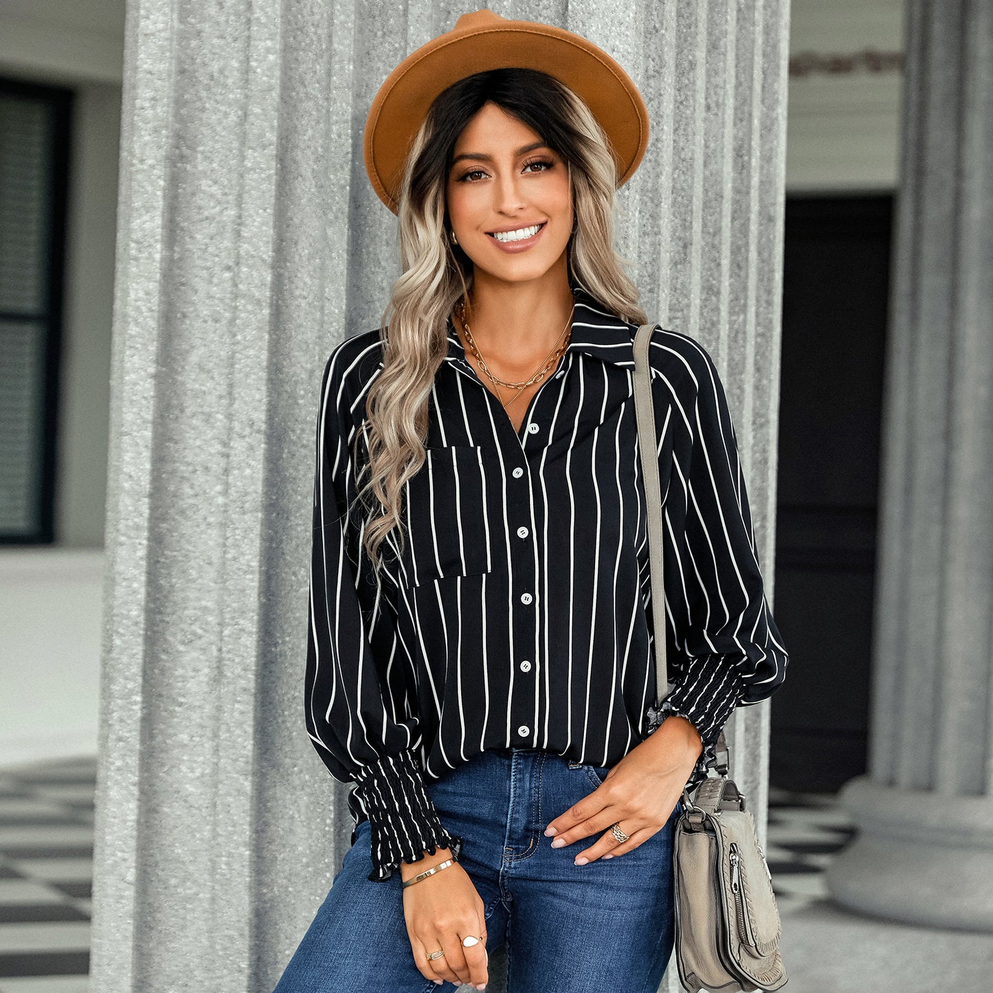 Ladies Fashion Casual Loose Versatile Shirt Striped Top