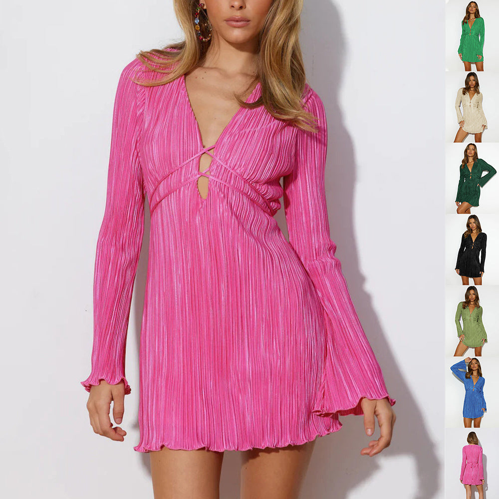 Robe moulante à lacets et col en V, manches trompette, paillettes, tendance, pour femme