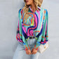 Women's Fashion Printed Long Sleeve Lapel Bishop Sleeves Top
