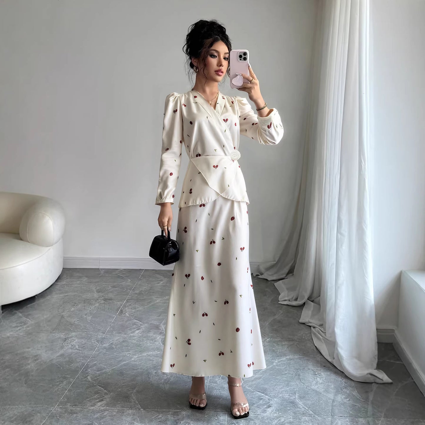 New V-neck Puff-sleeved Waist-cinched Satin Dress With A Cherry Print