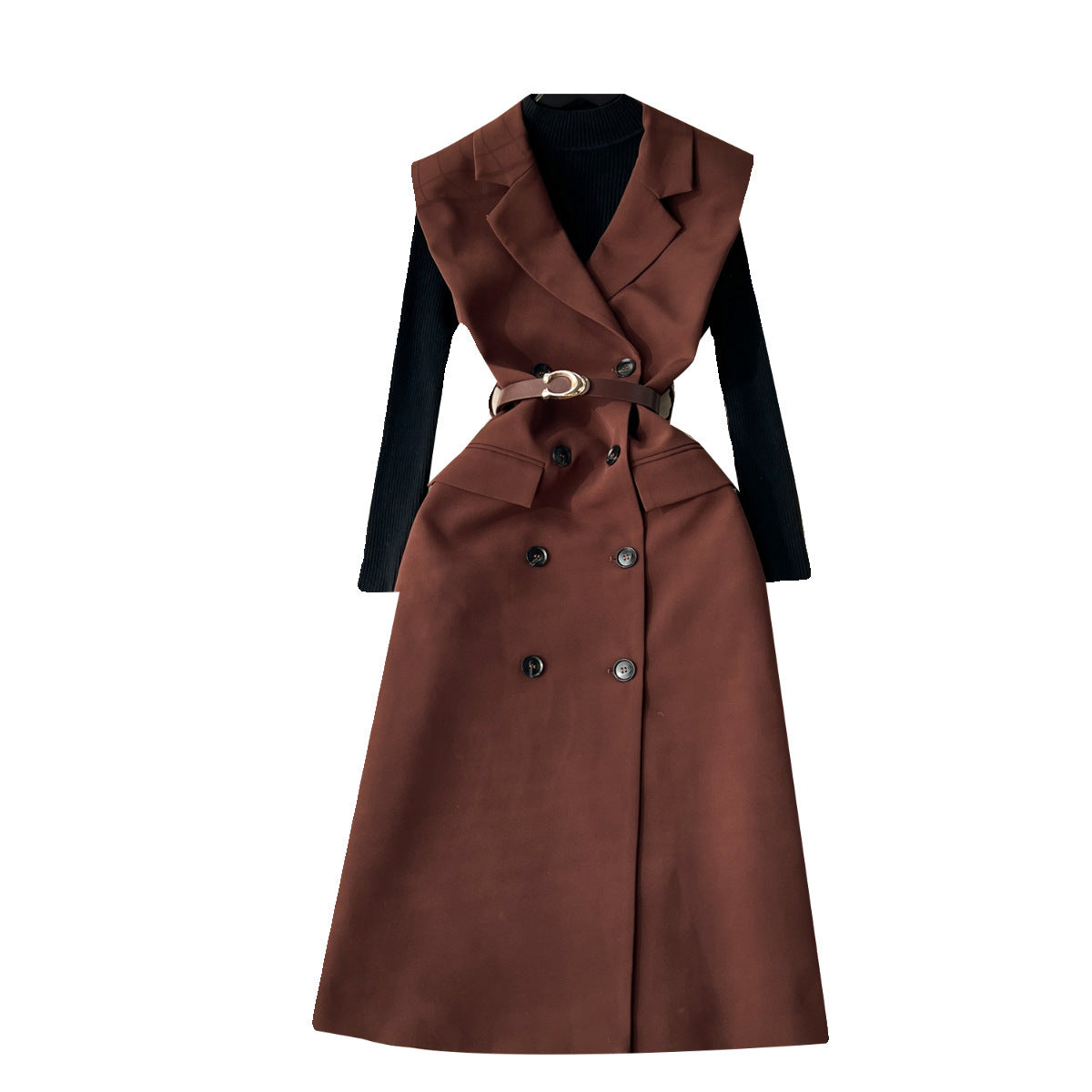 Knitted Bottoming Shirt Versatile Retro Double Breasted Business Suit And Dress Two-piece Set