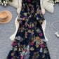 French-style Retro Elegant Single-Breasted Lace-Up Waist Floral Print Dress For Women