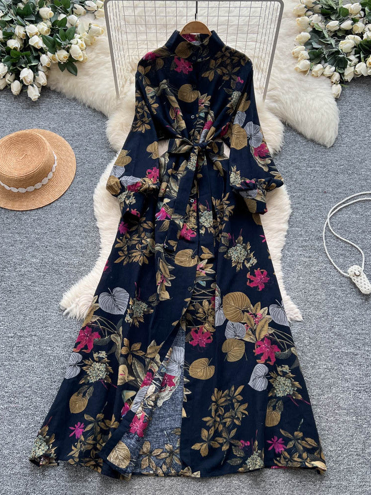 French-style Retro Elegant Single-Breasted Lace-Up Waist Floral Print Dress For Women