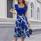 Commuting Knit Printed Stretch Square Neck Slim Short Sleeve Puff Sleeve Dress