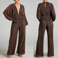 Ensemble deux pièces pour femme, pantalon décontracté à jambes larges et taille haute plissée et élastique, décolleté en V profond
