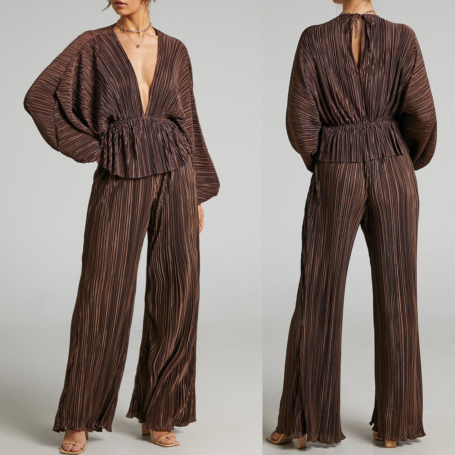Ensemble deux pièces pour femme, pantalon décontracté à jambes larges et taille haute plissée et élastique, décolleté en V profond