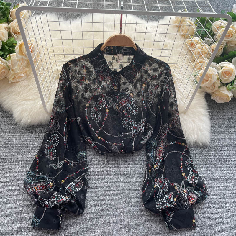 Chemise vintage imprimée à manches longues pour femme