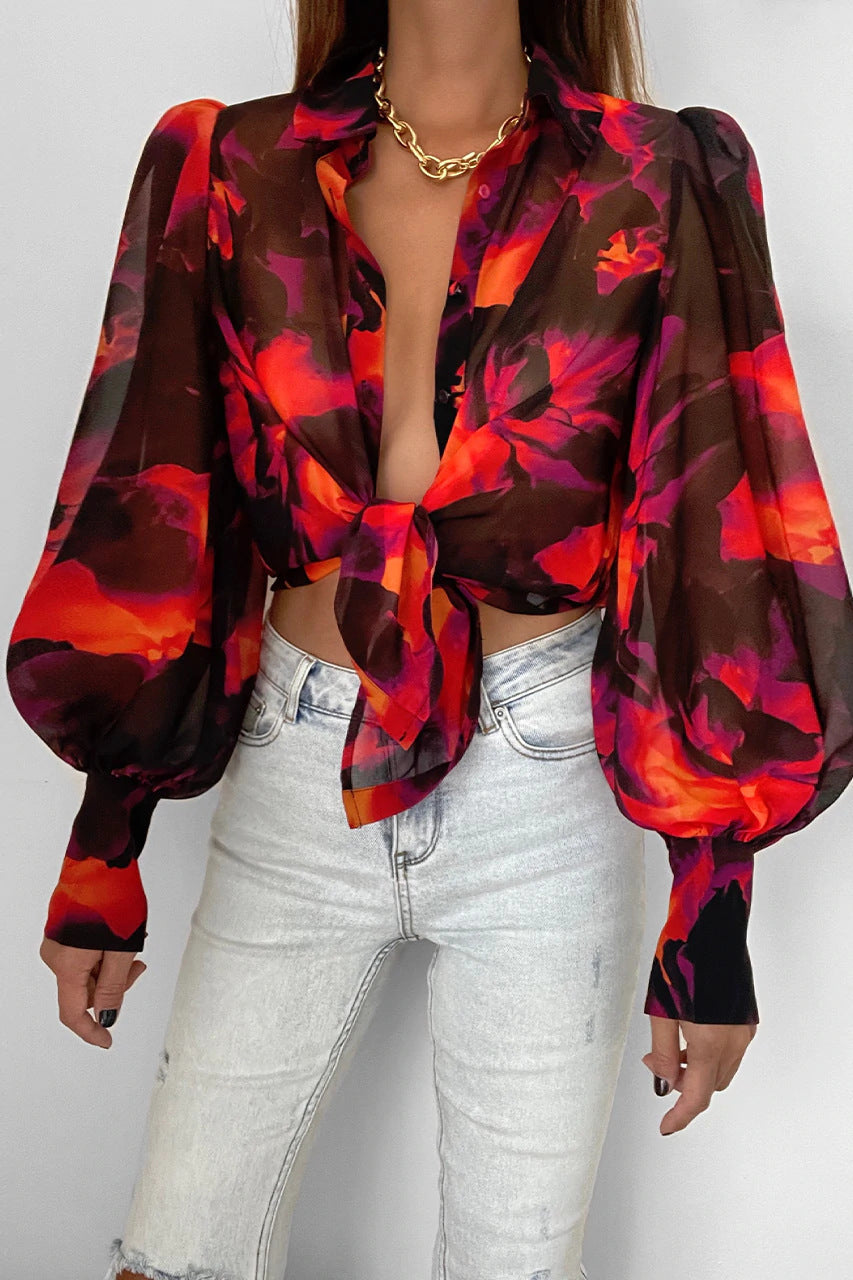 Long Sleeve Lapel Cardigan Single-breasted Solid Color Half-length Lantern Sleeve Temperament Commute Red Shirt