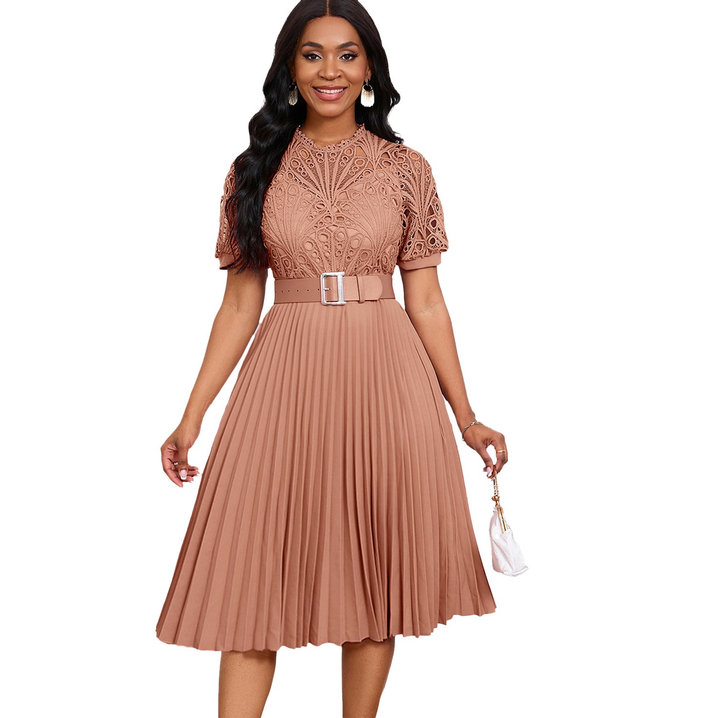 Robe plissée à manches courtes et coutures en dentelle pour femme