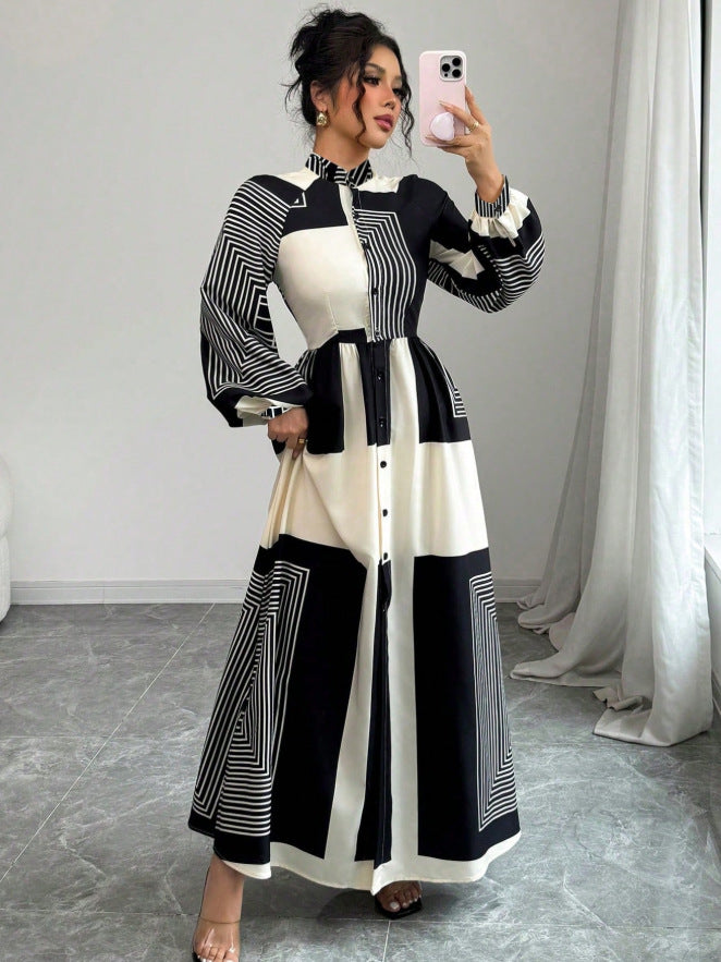 Printed Pleated Stylish Lace-up Casual Plus-size African Dress
