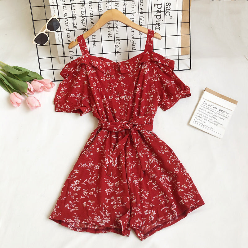 Sling Daisy Print Short Sleeve High Waist Wide Leg Jumpsuit