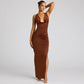 Robe fendue dos nu à col pile pour femme, couleur unie
