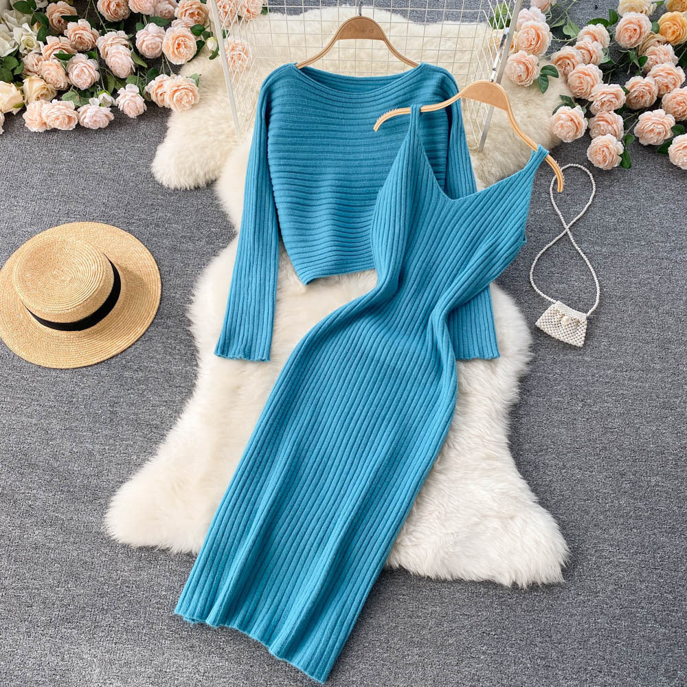 Vintage Cropped Top Sling V-Neck Dress Stacked Two Piece Suit