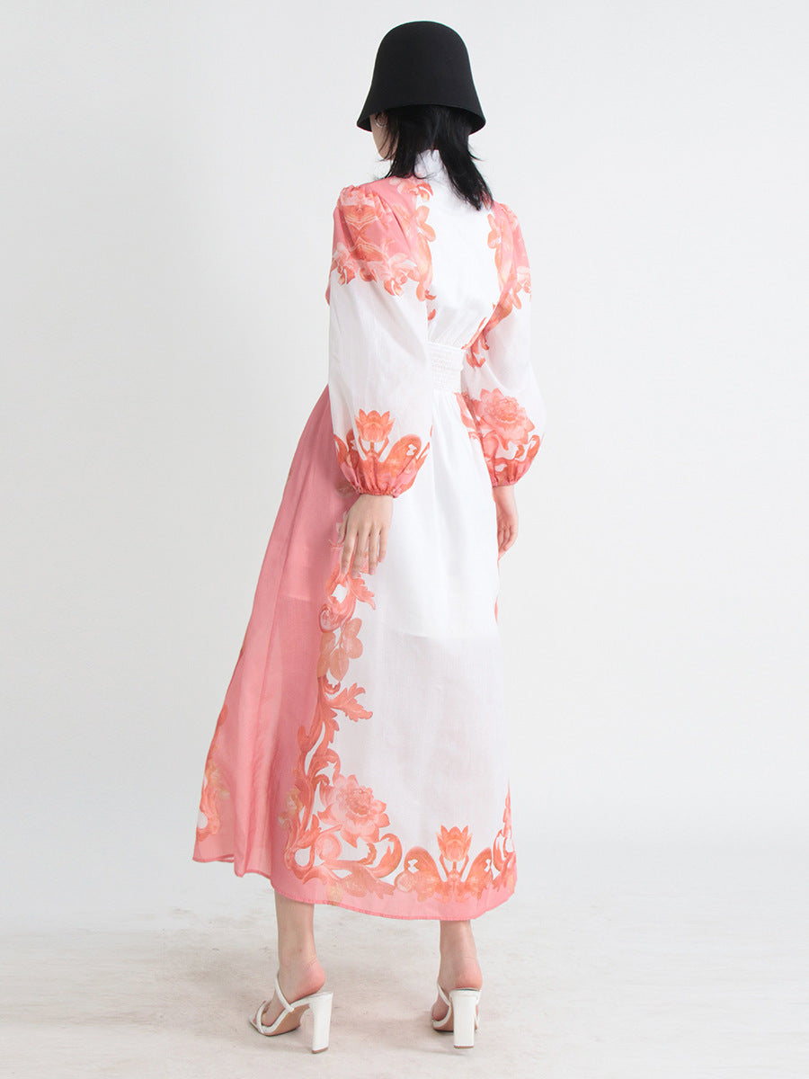 Robe trapèze d'été à col rond et manches longues, taille élastique et simple boutonnage pour femme