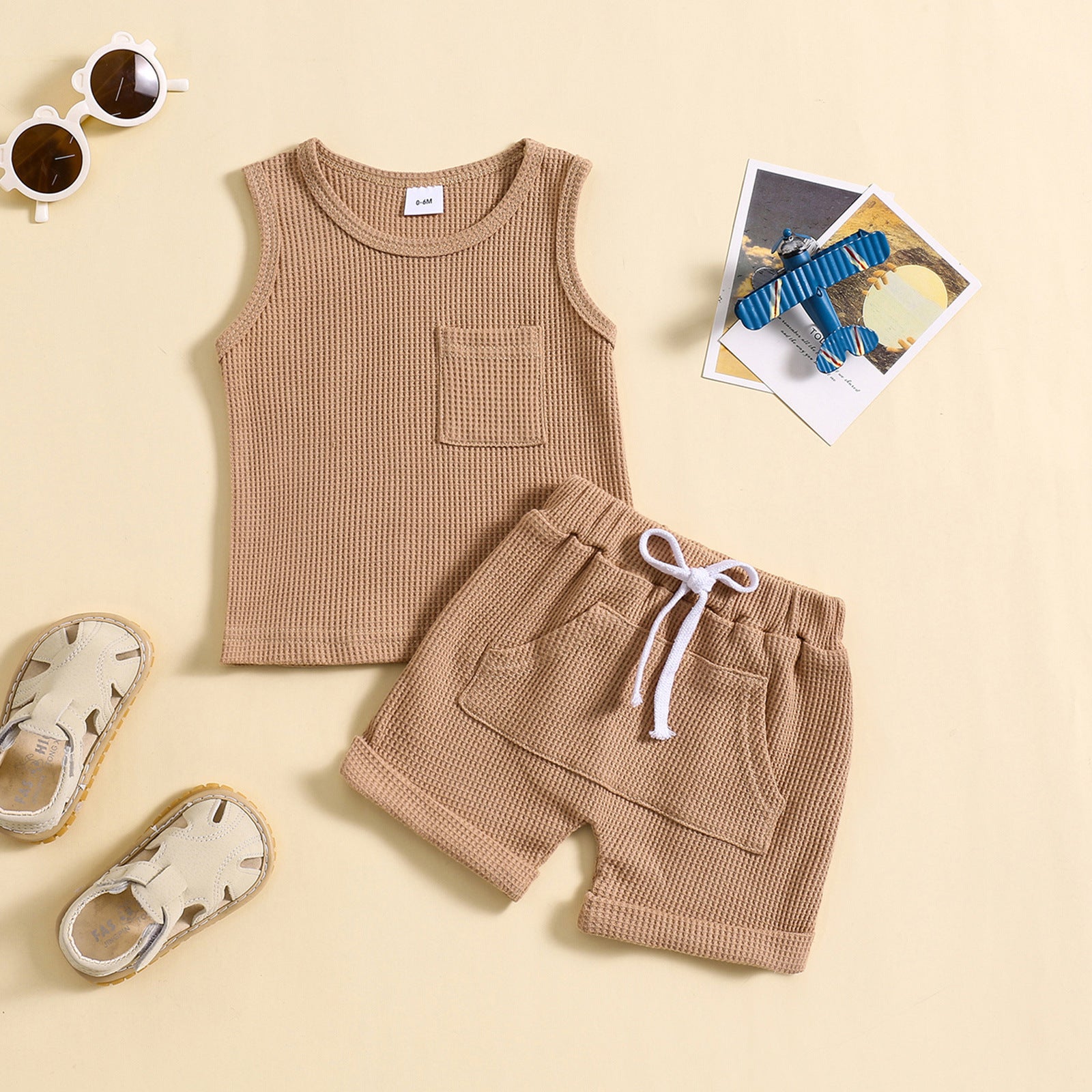 Gilet sans manches style coréen pour enfants, ensemble d'été gaufré de couleur unie
