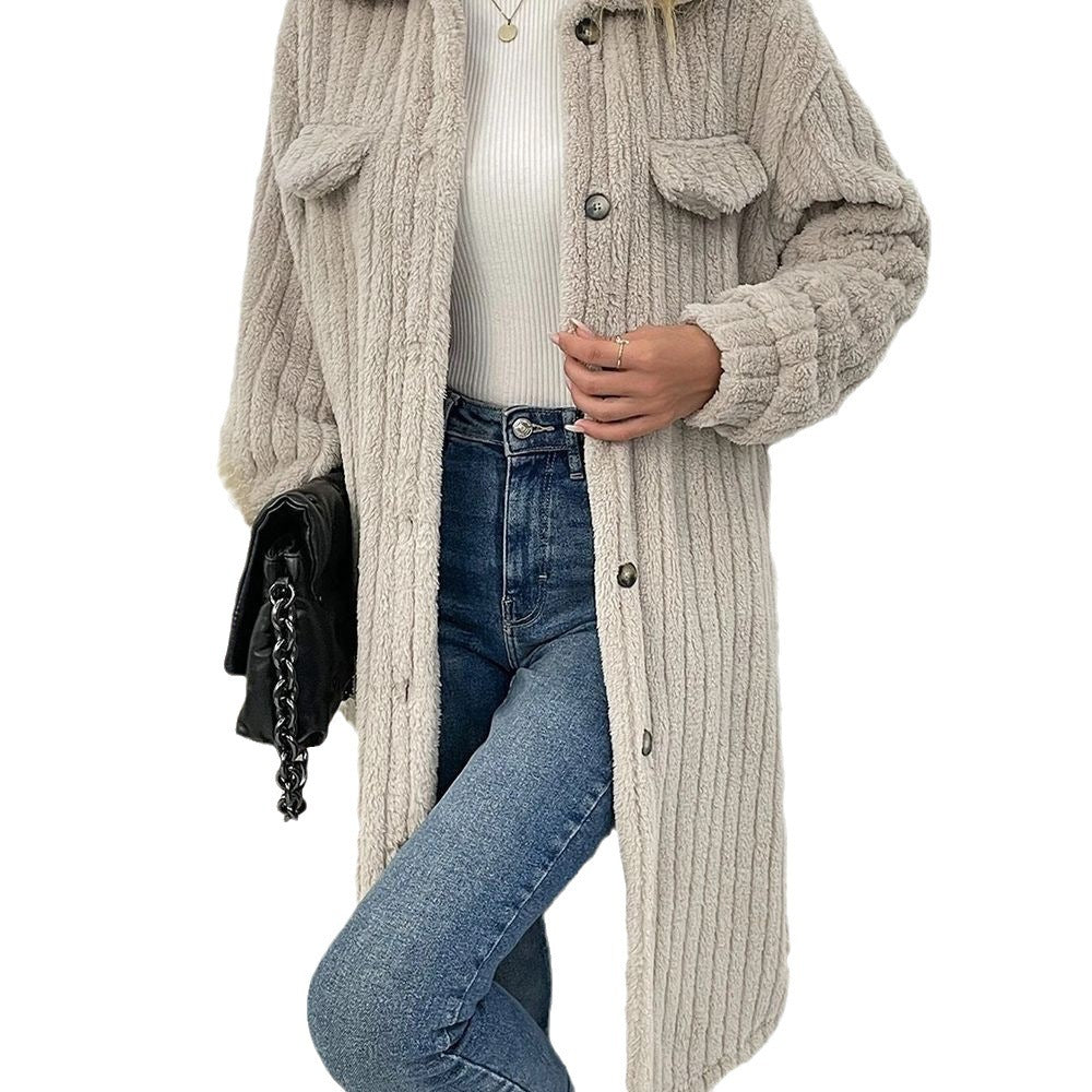 Manteau en laine à manches longues et revers en peluche pour femme
