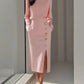 Long-sleeved Round Neck Waist-tie Button-decorated Slit Women's Dress