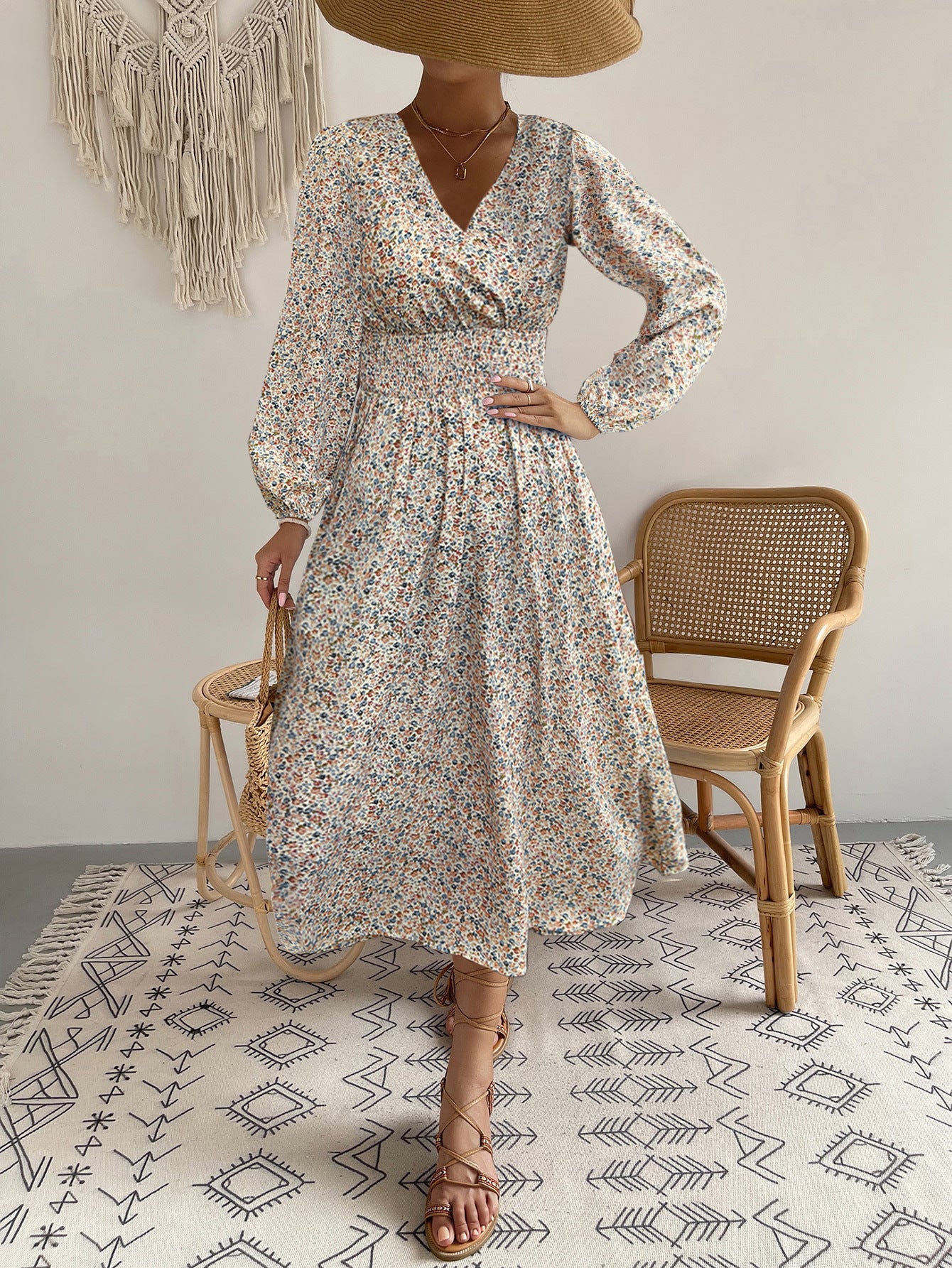 Women's V-neck Floral Print Long Sleeve Dress