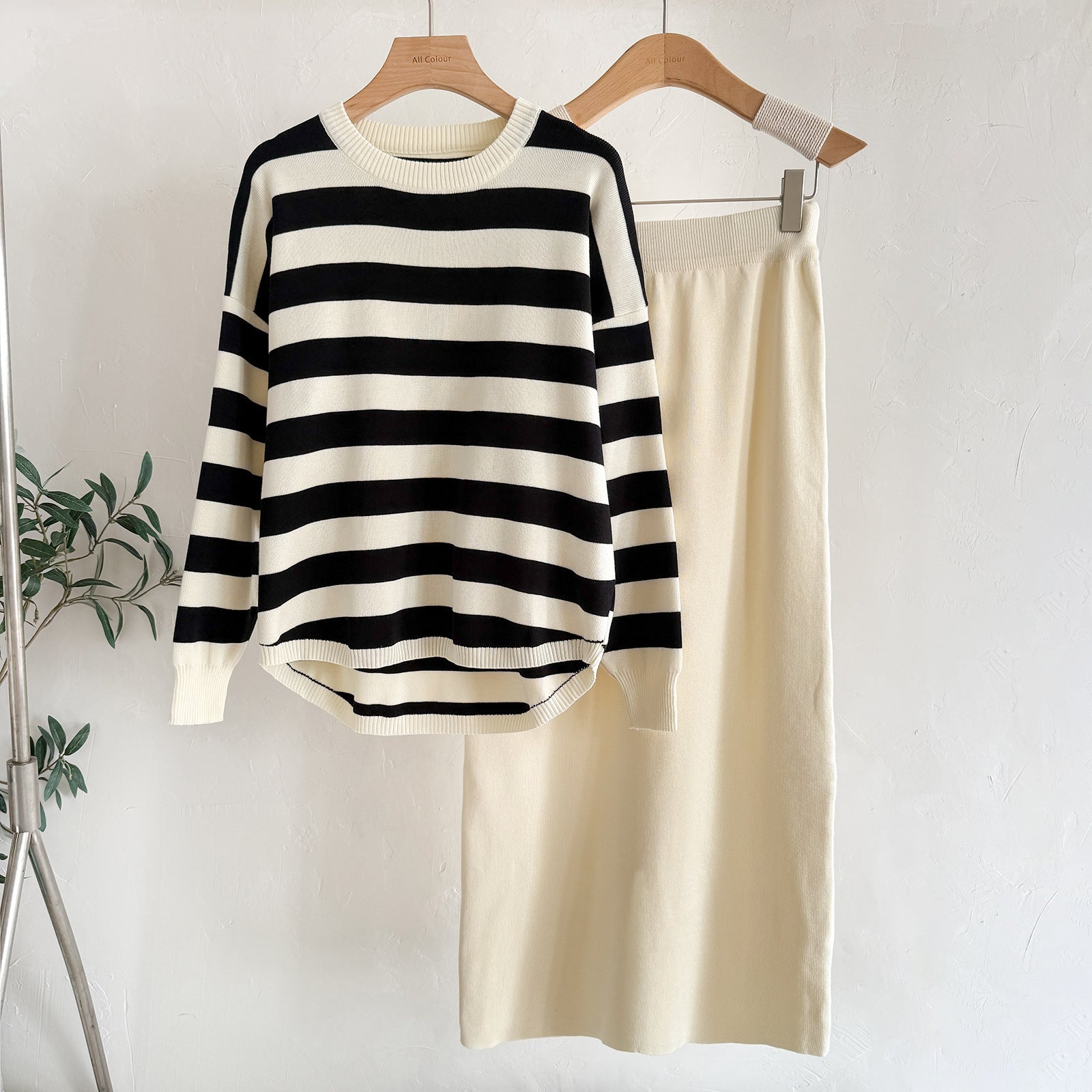 Fashion Long Sleeve T-shirt High Waist Skirt Knitted Two-piece