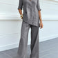 Casual Cotton-Linen Solid-Color Mid-Sleeve V-Neck Top And Straight-Cut Casual Pants Set